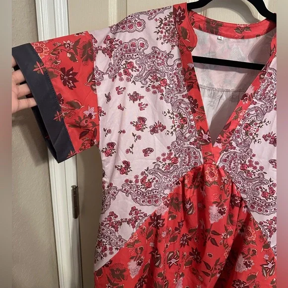 Women’s Floral V-Neck High-Low Dress, Red, Pink, Green & Black, Sz Small - Picture 3 of 9